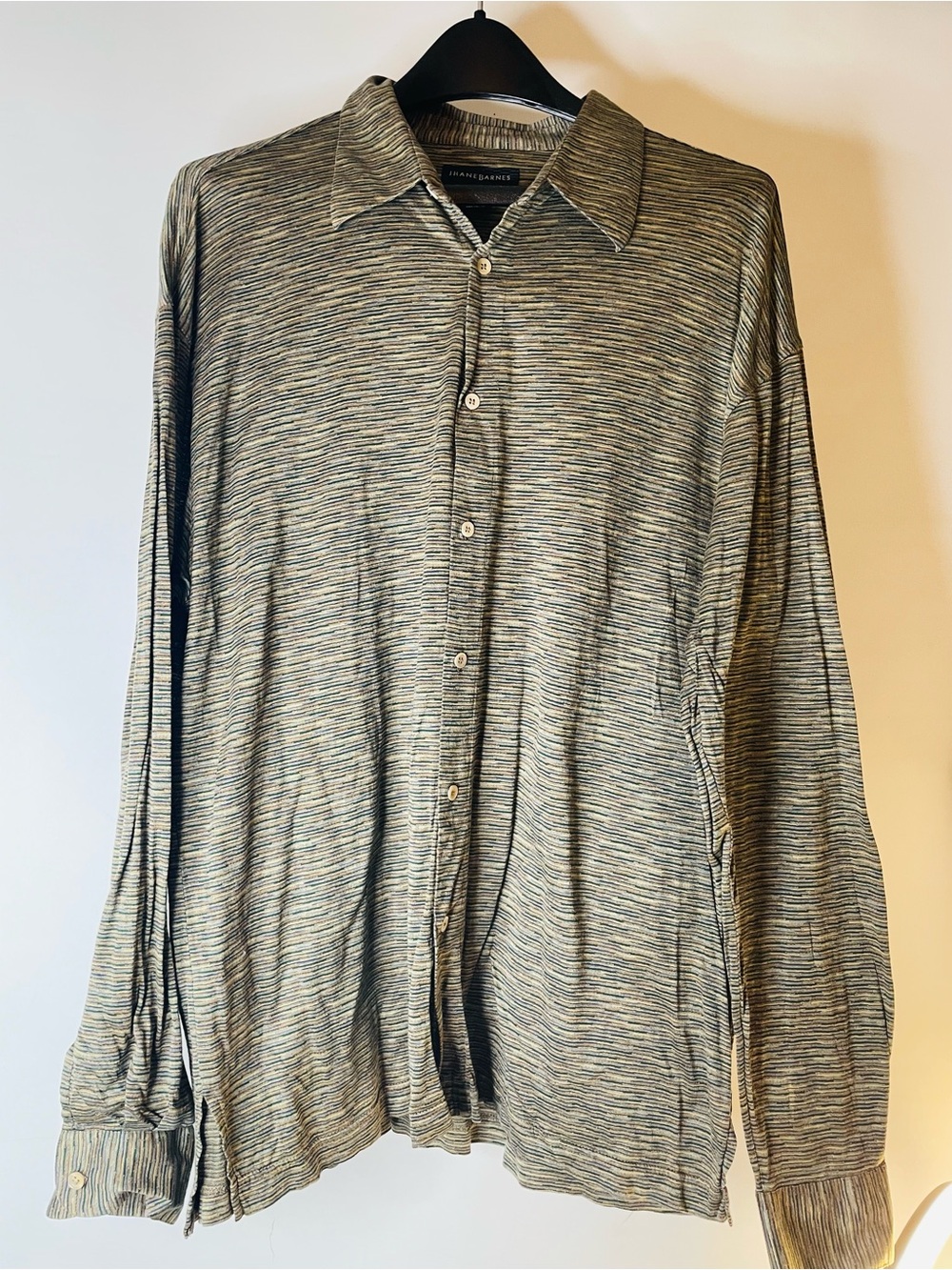 Jhane Barnes Olive and Gray Striped Casual Button-Down Shirt
